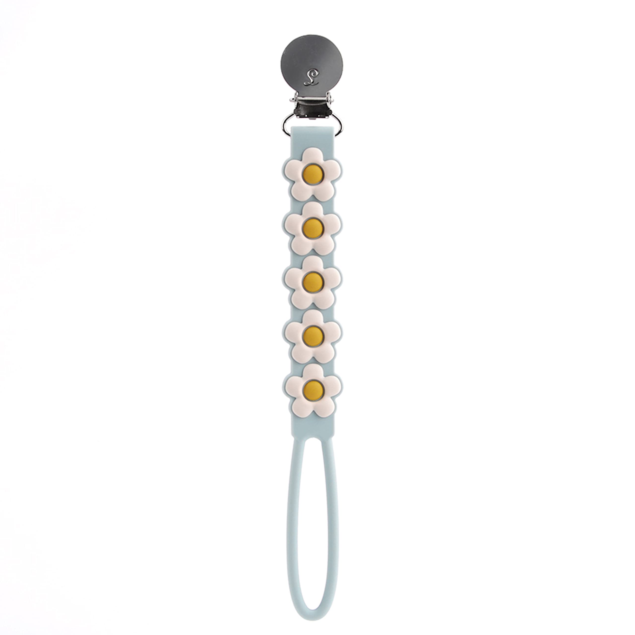 Loulou Lollipop beadless silicone pacifier clip Daisy Blue keeps pacifier secure and off the floor.