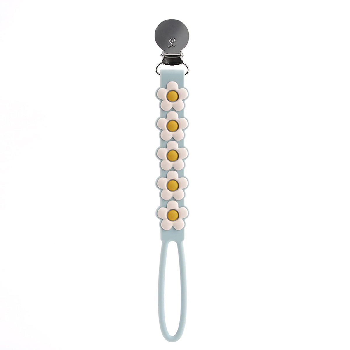 Loulou Lollipop beadless silicone pacifier clip Daisy Blue keeps pacifier secure and off the floor.