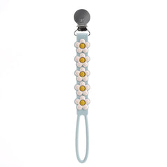 Loulou Lollipop beadless silicone pacifier clip Daisy Blue keeps pacifier secure and off the floor.