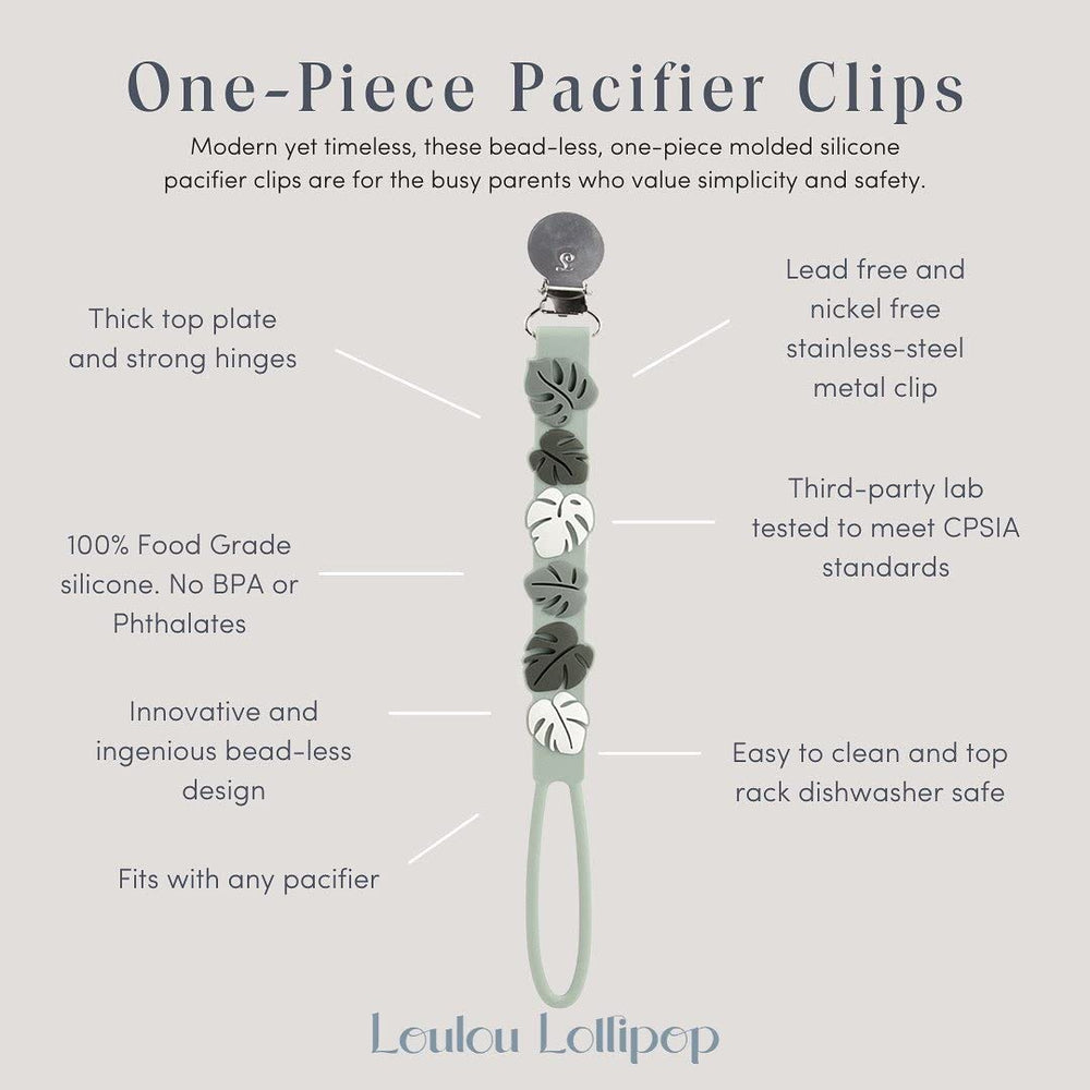 Loulou Lollipop beadless silicone pacifier clip metal clip closeup shows sturdy grip