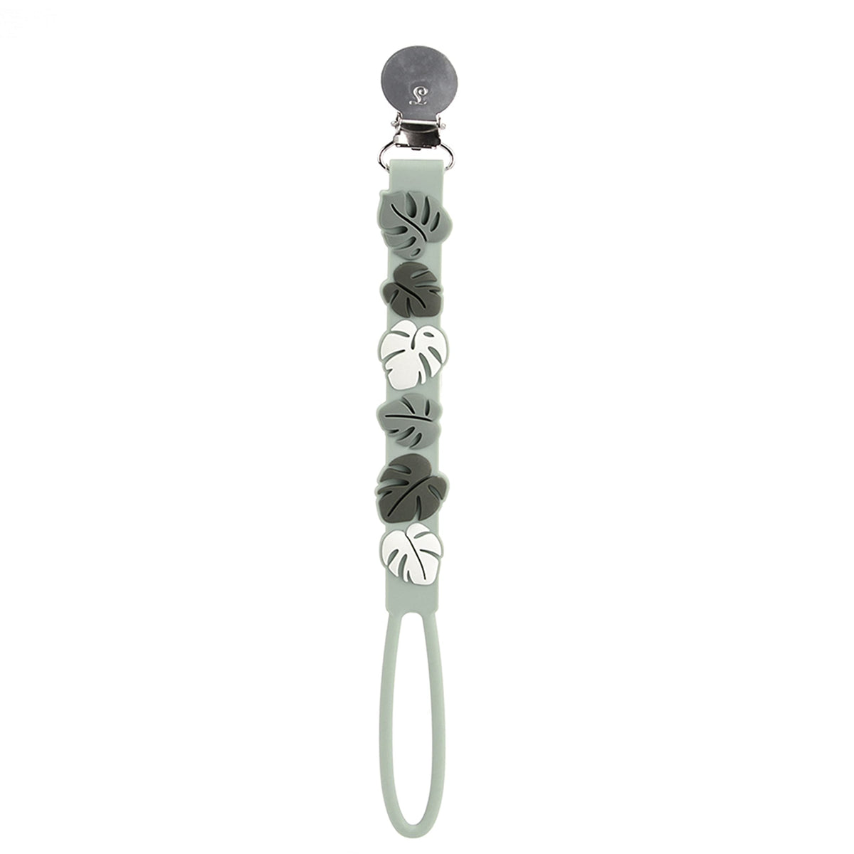 Loulou Lollipop beadless silicone pacifier clip Monstera green keeps the pacifier secure.