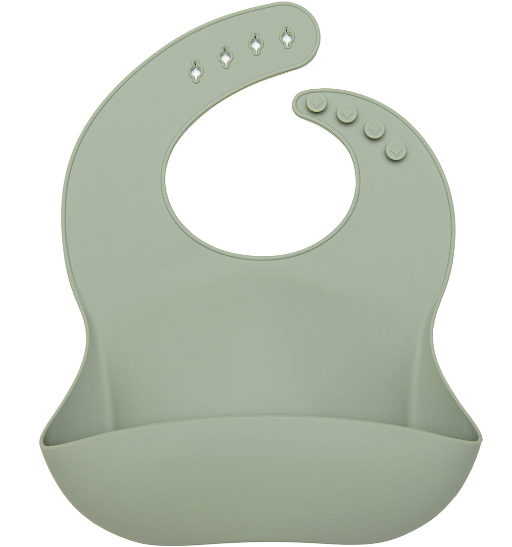 Loulou Lollipop bib in Silver Sage shows waterproof silicone for mess-free meals