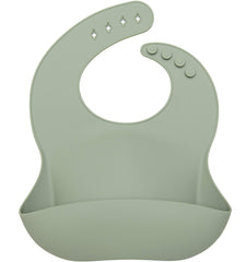 Loulou Lollipop bib in Silver Sage shows waterproof silicone for mess-free meals