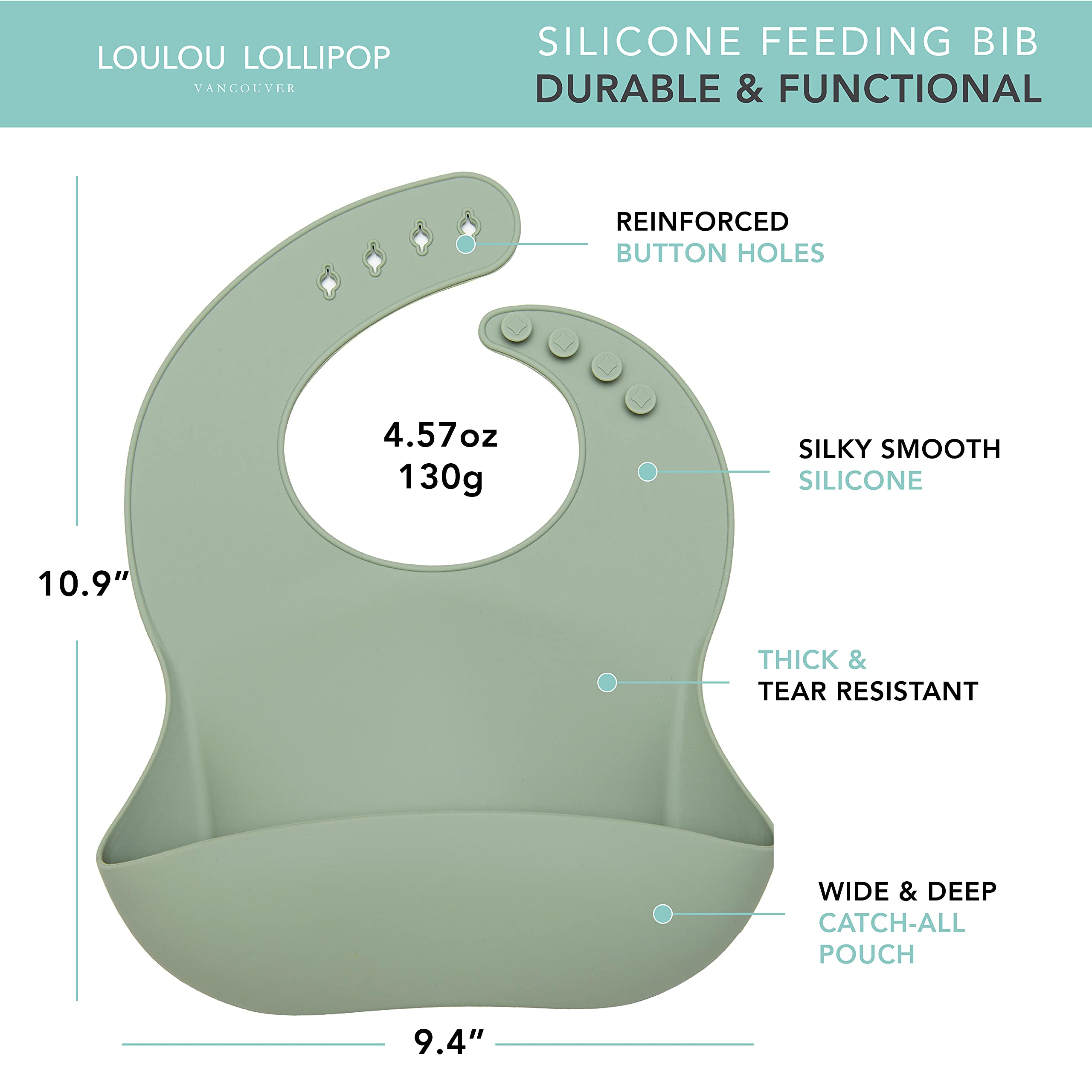 Loulou Lollipop bib wide pocket catches crumbs and spills during feeding