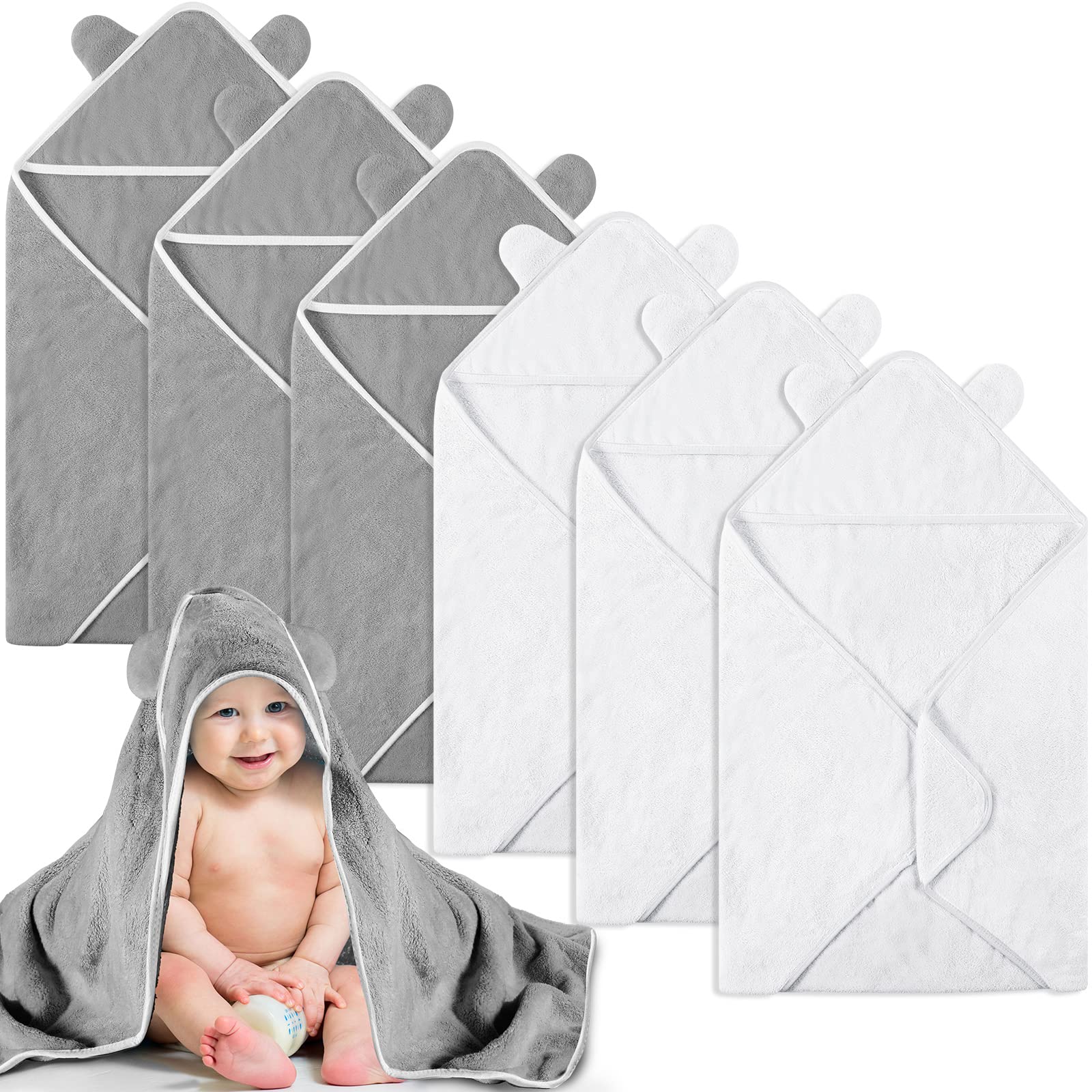 Lounsweer bear-hooded towel in white, soft coral fleece for quick drying bath time.
