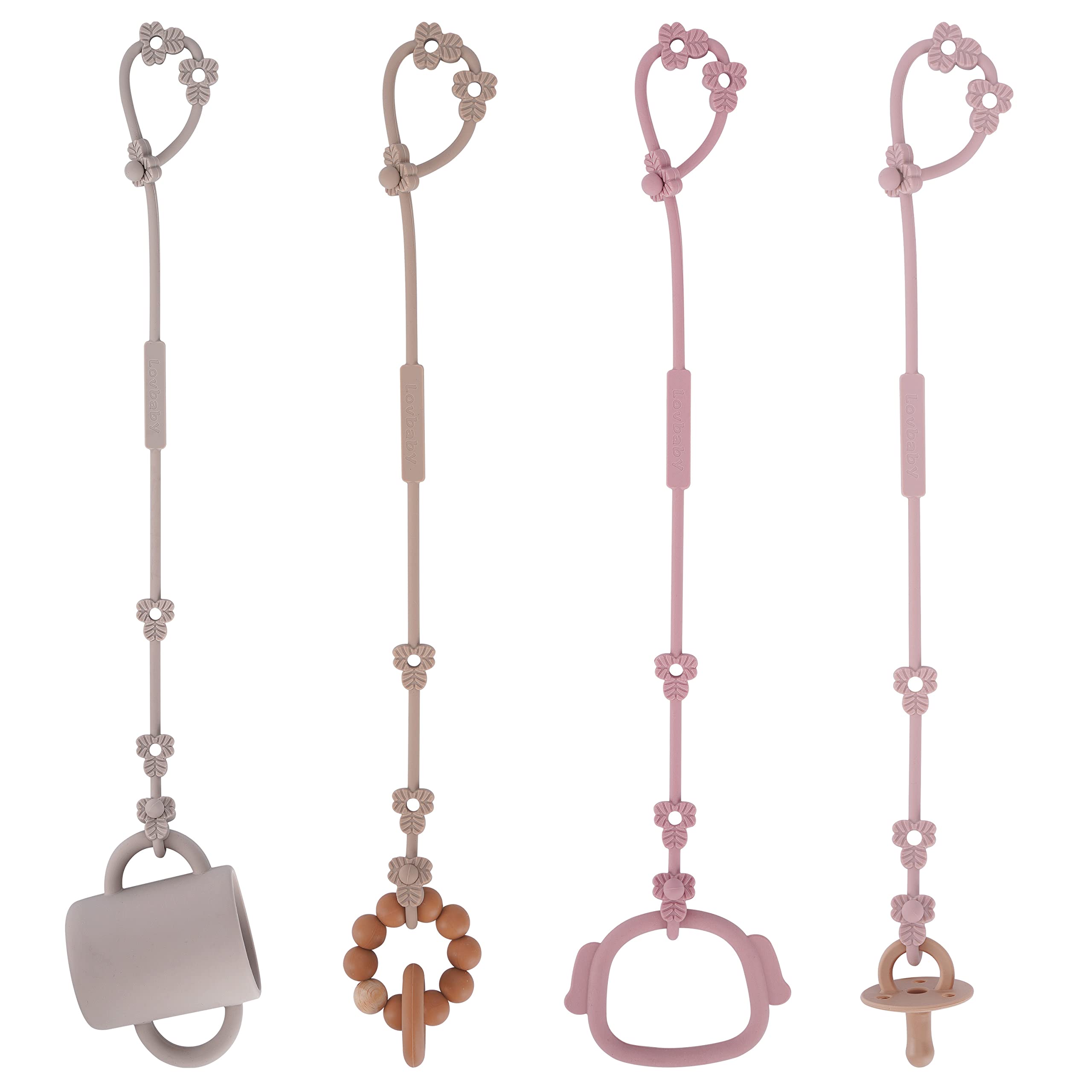 Lovbaby toy safety strap with leaf design keeps toys within reach on the stroller.