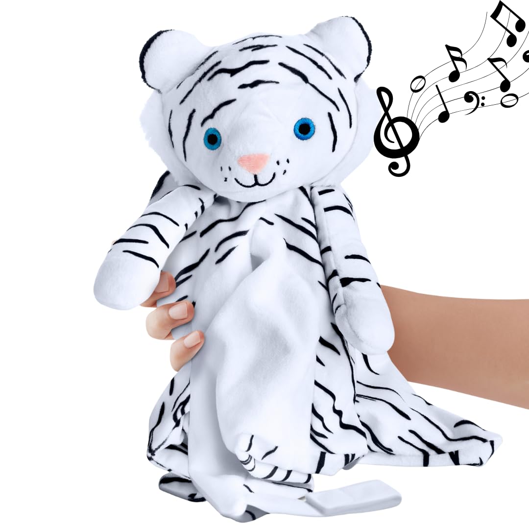 Love By Emi 4-in-1 Plush White Tiger Lovey with soothing lullabies for peaceful bedtimes.