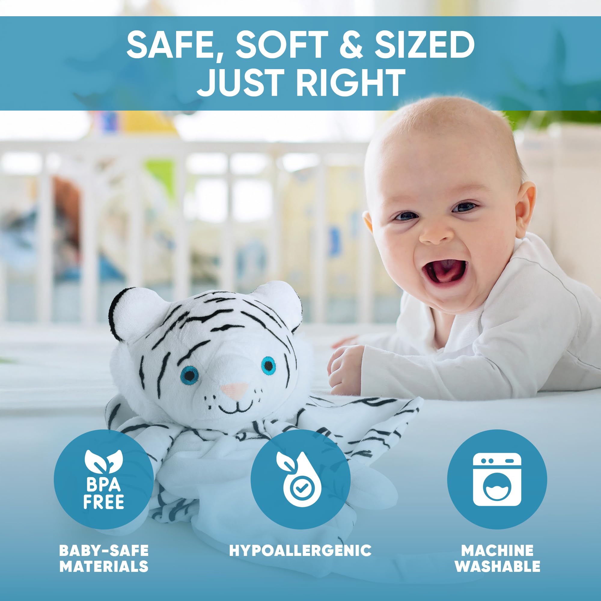 Hidden loop attaches to crib, stroller, or diaper bag for easy transport.