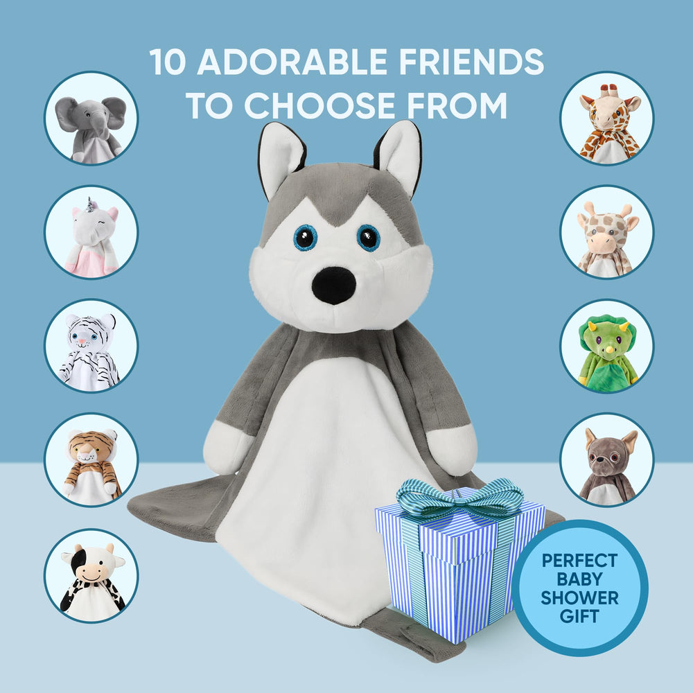 Love By Emi Husky Lovey attached to stroller for on-the-go comfort