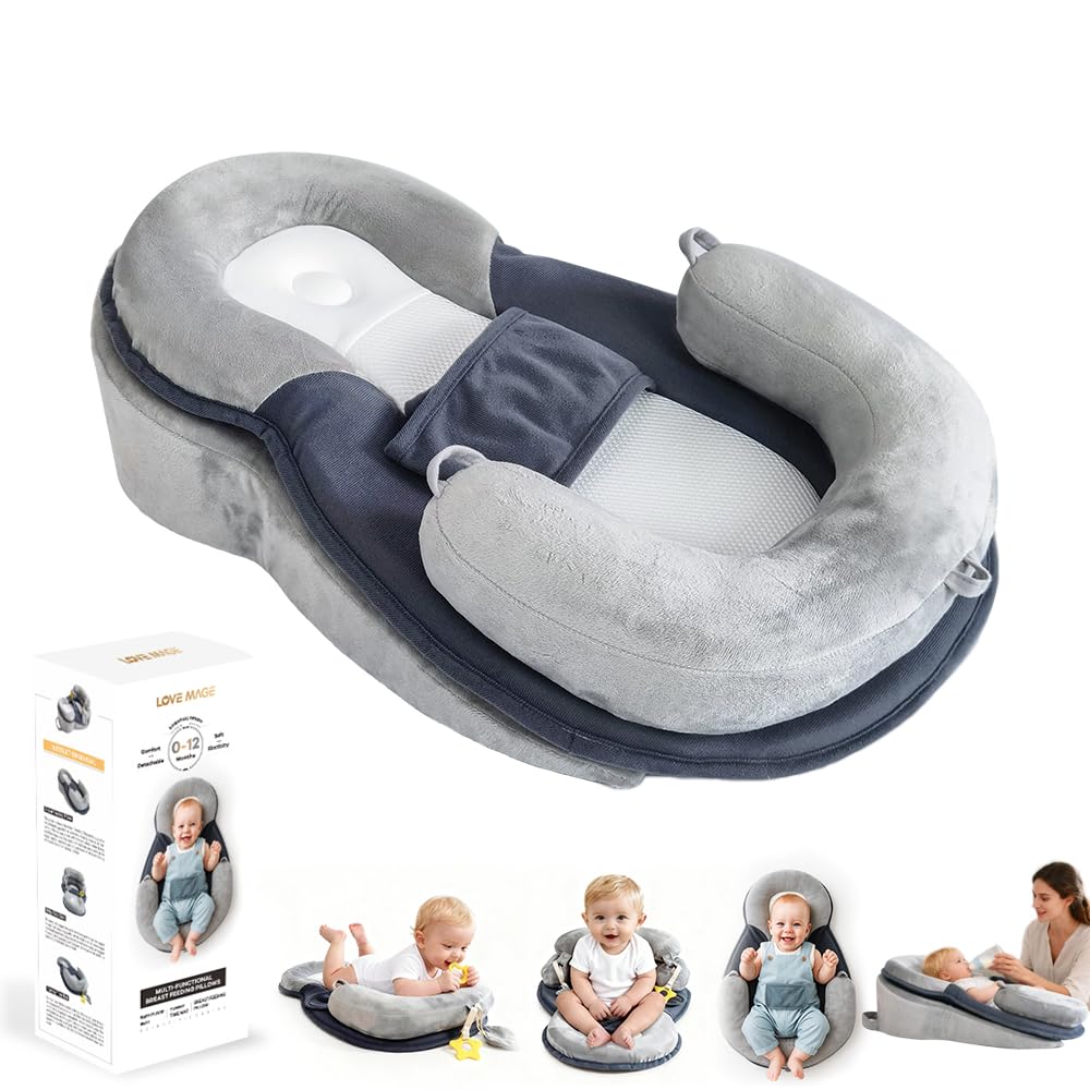 LOVE MAGE baby feeding pillow close-up shows soft, breathable fabric for comfortable contact.