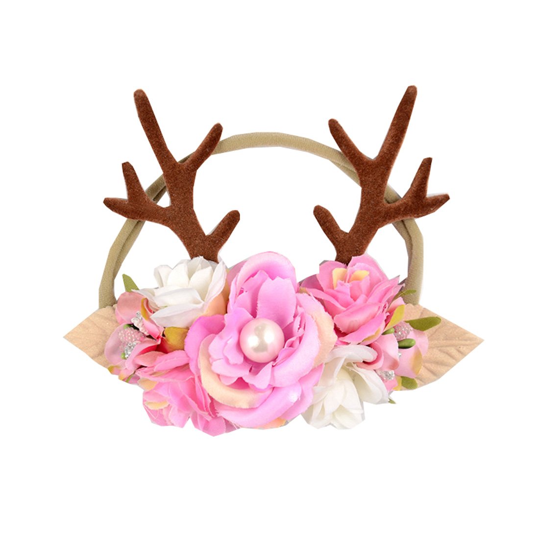Love Sweety baby antler headband with a rose floral crown, perfect for newborn photos.