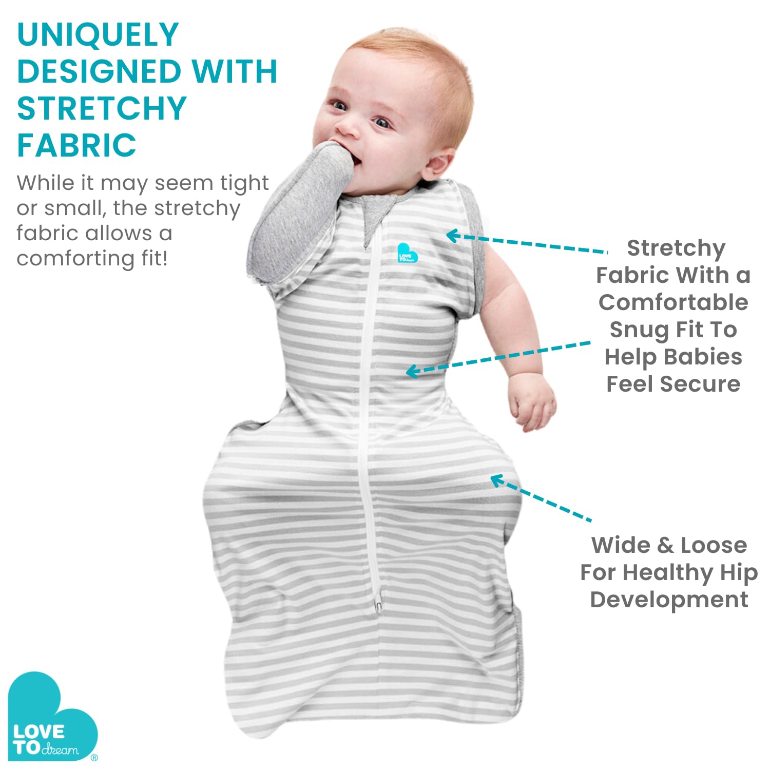 Love to Dream patent-pending zip access swaddle for convenient use.