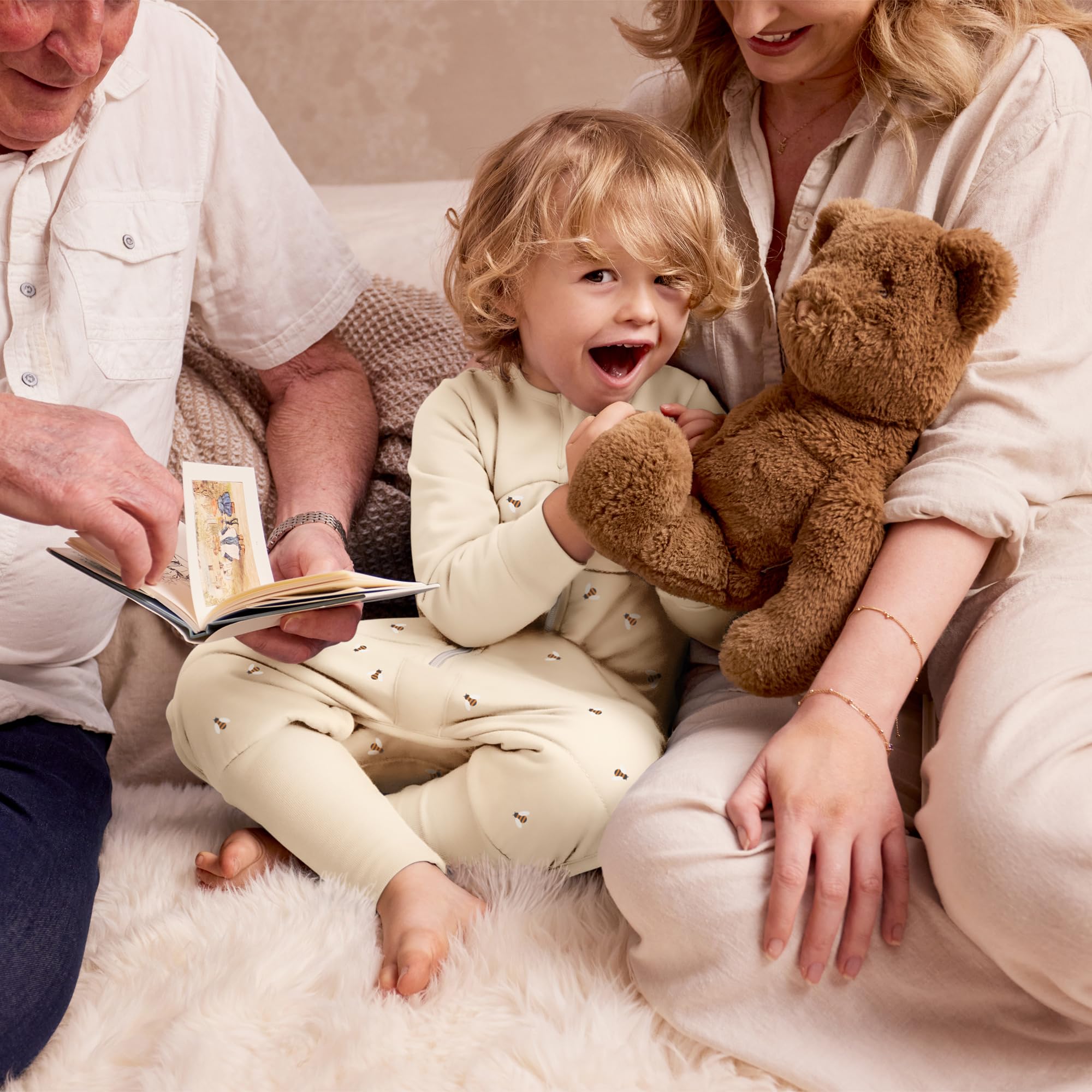 Love to Dream sleep suit showing grip pads on feet to prevent slips.
