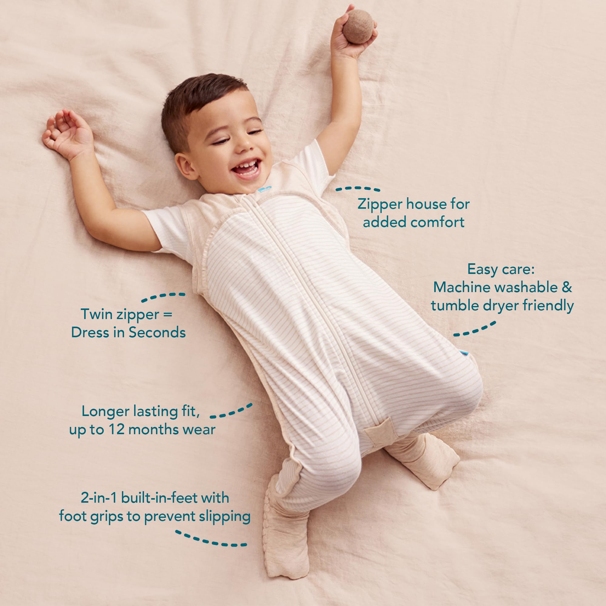 Love to Dream Sleep Suit Olive Bees 3Y 2-in-1 feet detail shows adaptable warmth.
