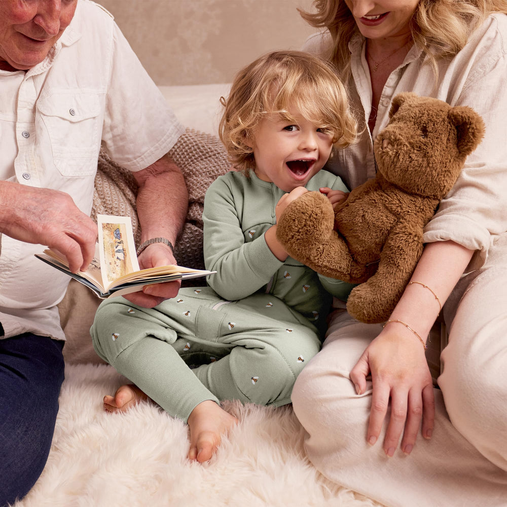 Love to Dream Sleep Suit Olive Bees 3Y feet-uncovered view highlights safe mobility.