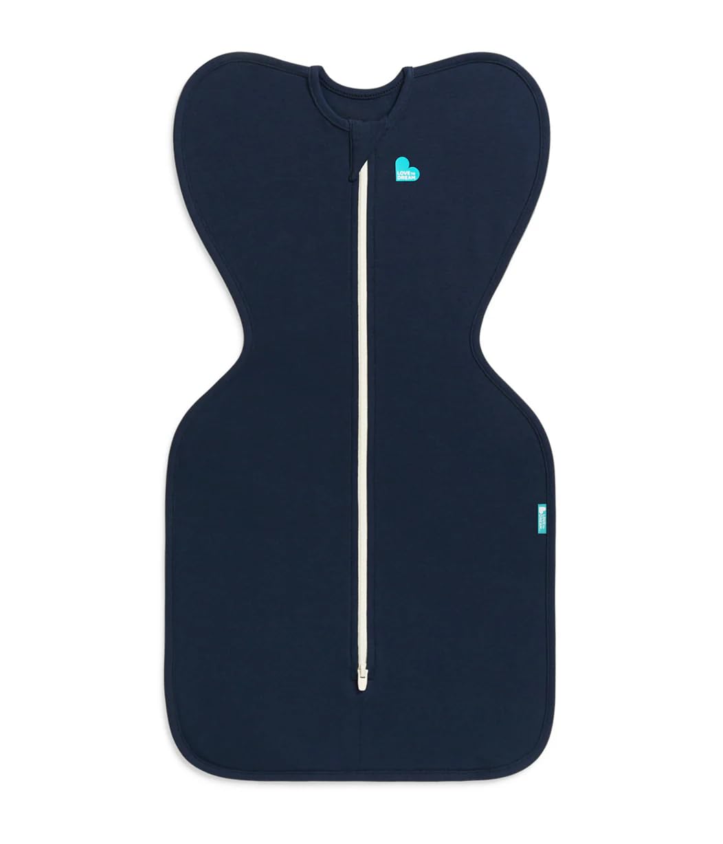 Love to Dream Swaddle Up arms-up navy sleep sack showing self-soothing design.