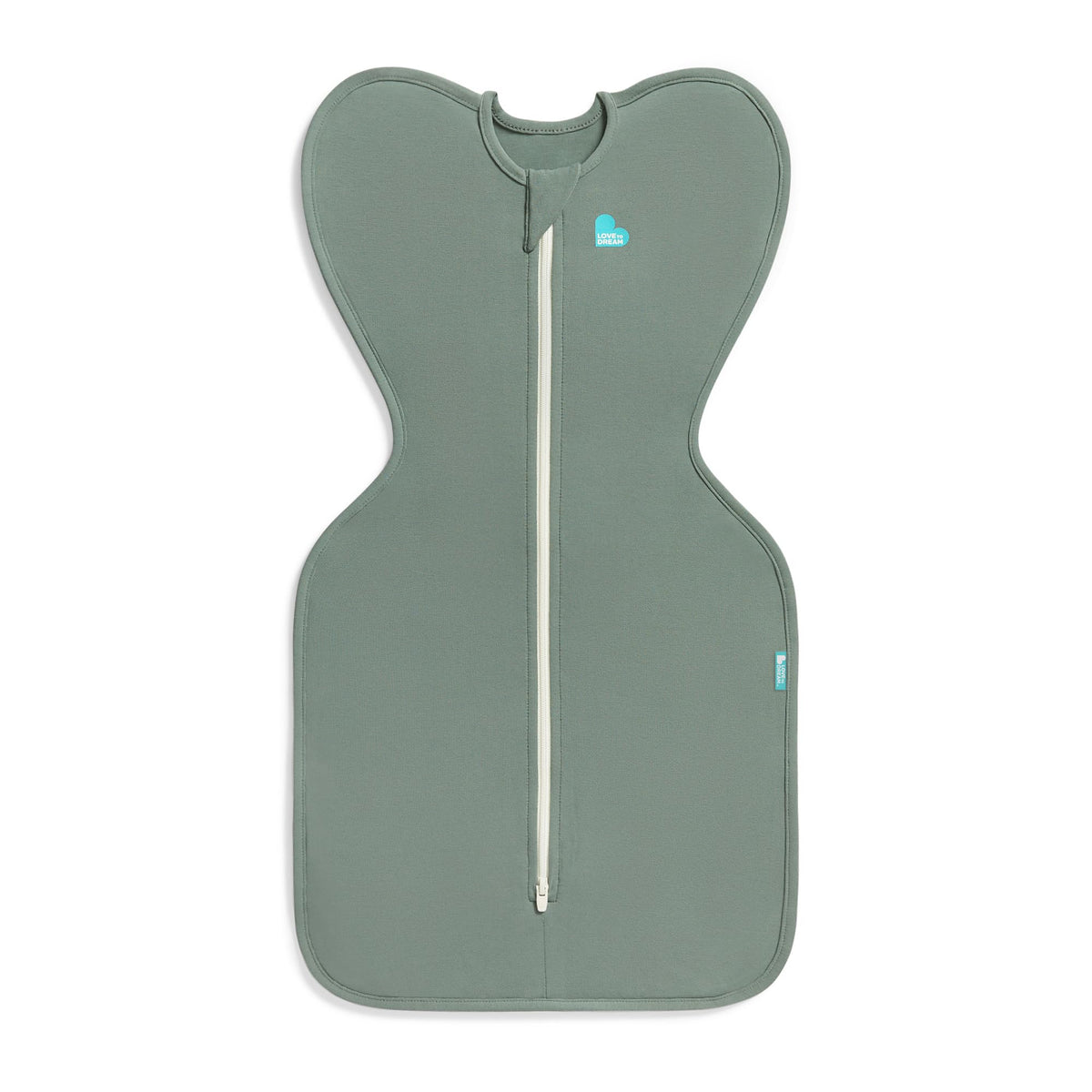 Love to Dream Swaddle UP deep olive in use promotes self-soothing with arms up.