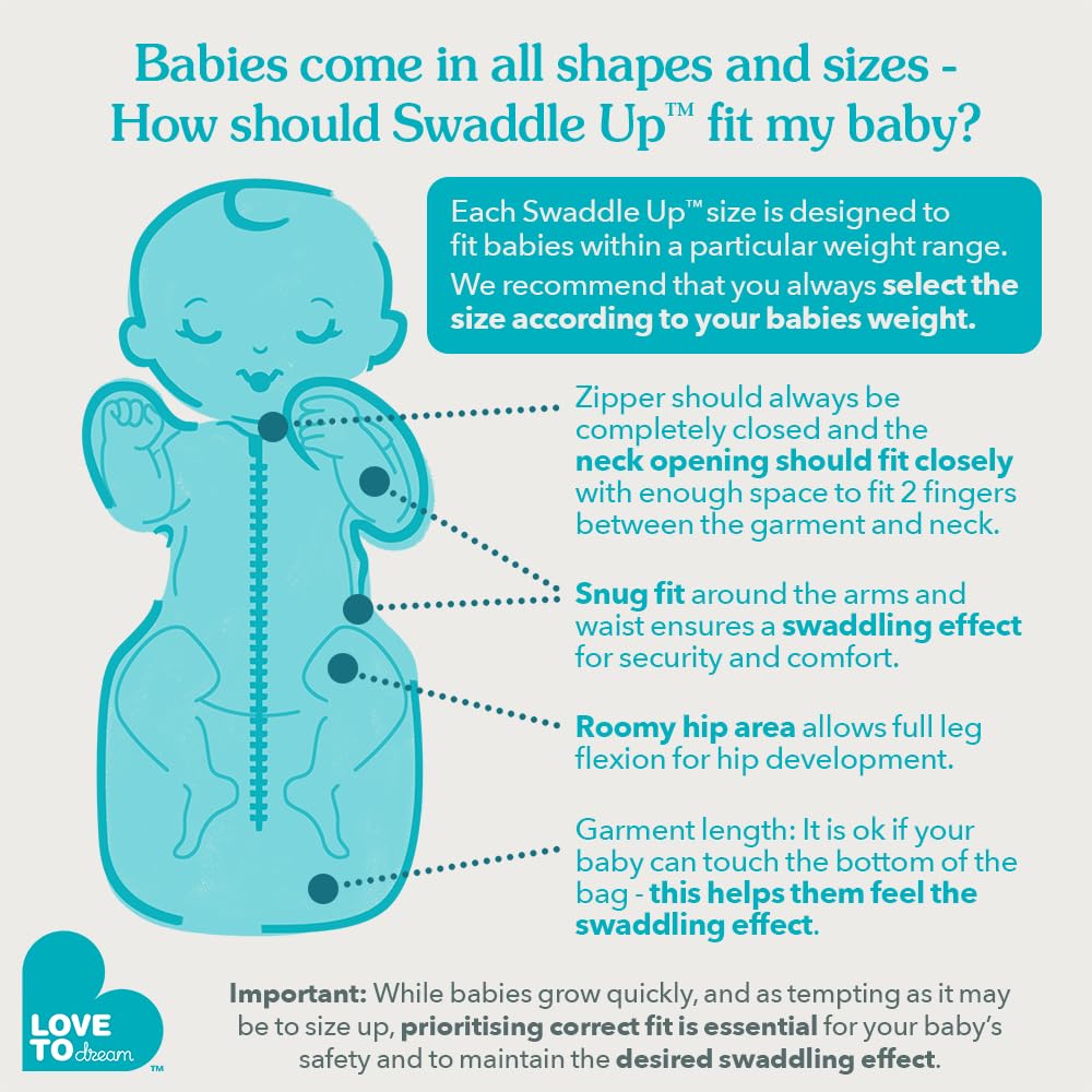 Love to Dream Swaddle Up newborn size fits 5–8.5 lb infants up to 60 cm.