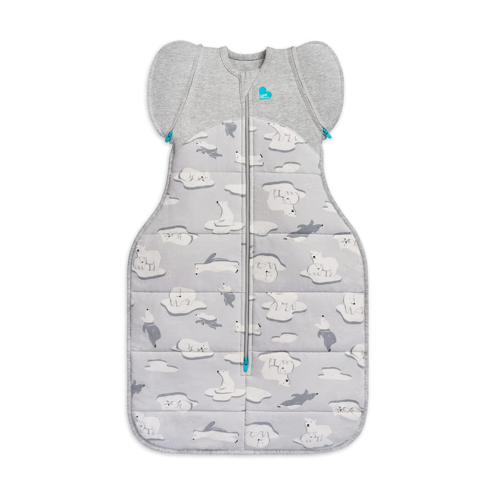 Size L fits 19-24 lb babies in Love to Dream Swaddle Up Transition Bag gray