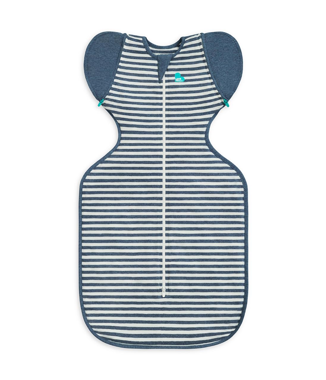Love to Dream Swaddle UP Transition Bag in denim stripe, front view, snug arms-up fit.