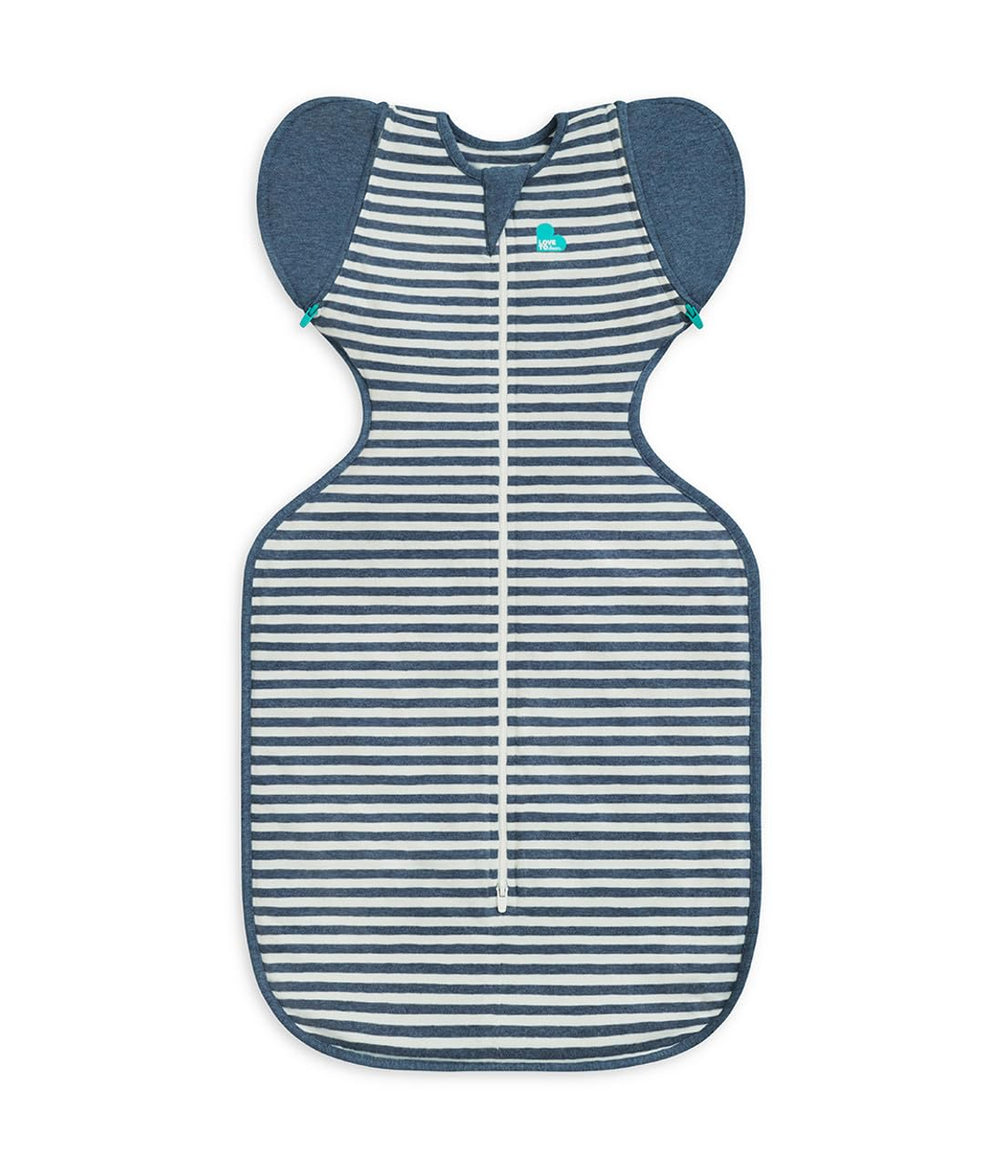 Love to Dream Swaddle UP Transition Bag in denim stripe, front view, snug arms-up fit.