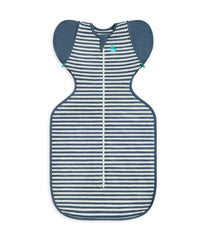 Love to Dream Swaddle UP Transition Bag in denim stripe, front view, snug arms-up fit.