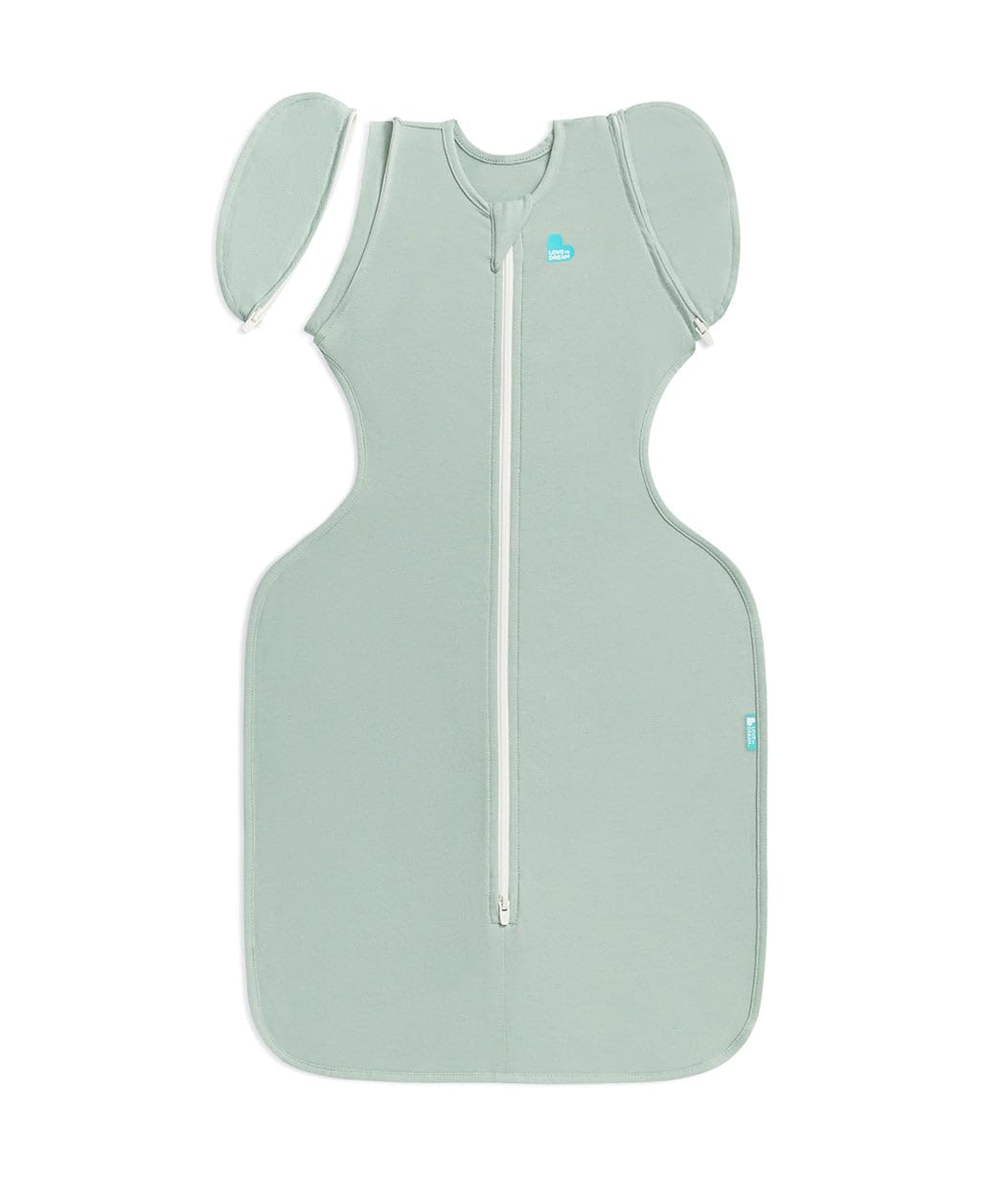 Love to Dream Swaddle Up Olive with arms-up fit for snug shoulders.