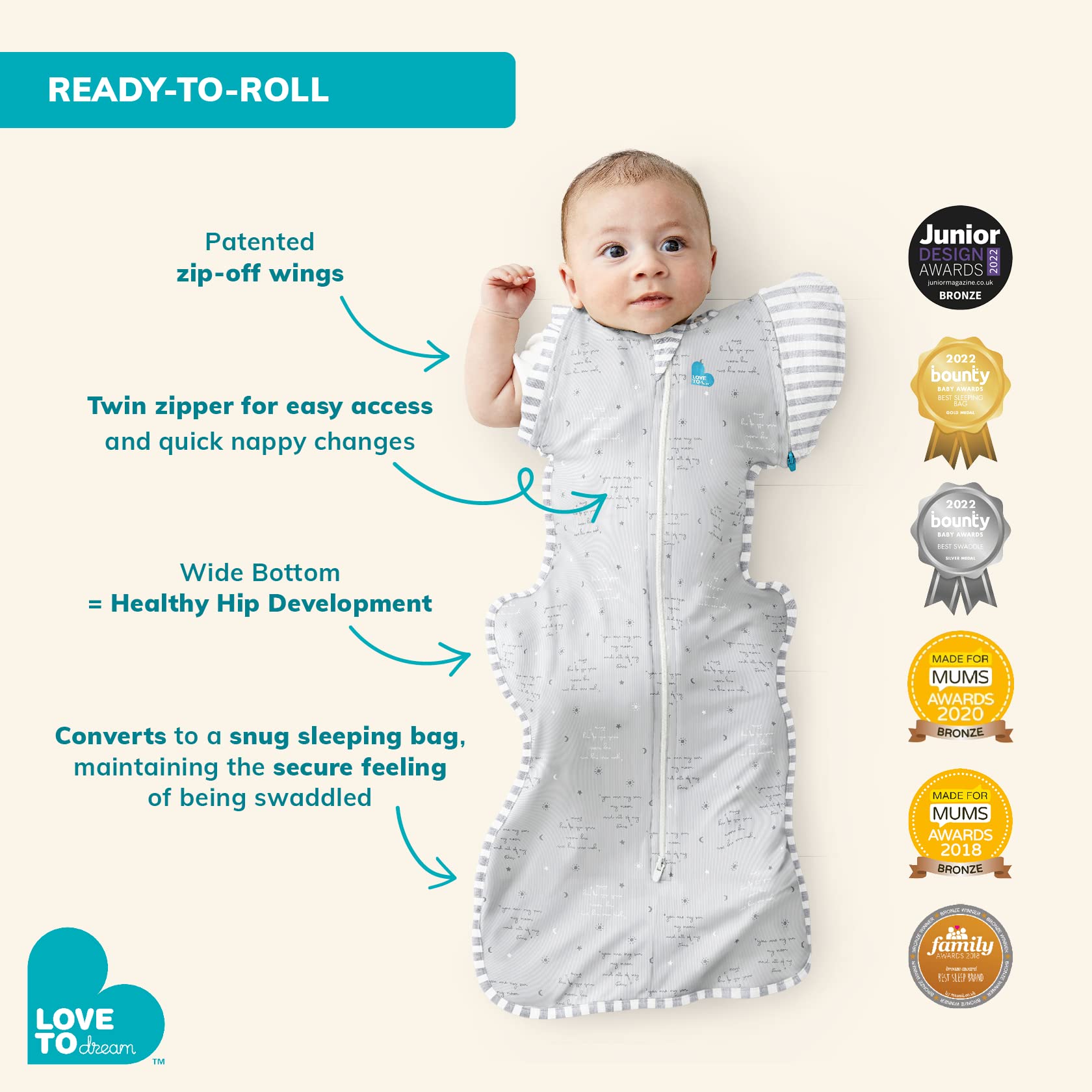 Love to Dream Swaddle Up Transition Bag wings zip-off for quick arm transition