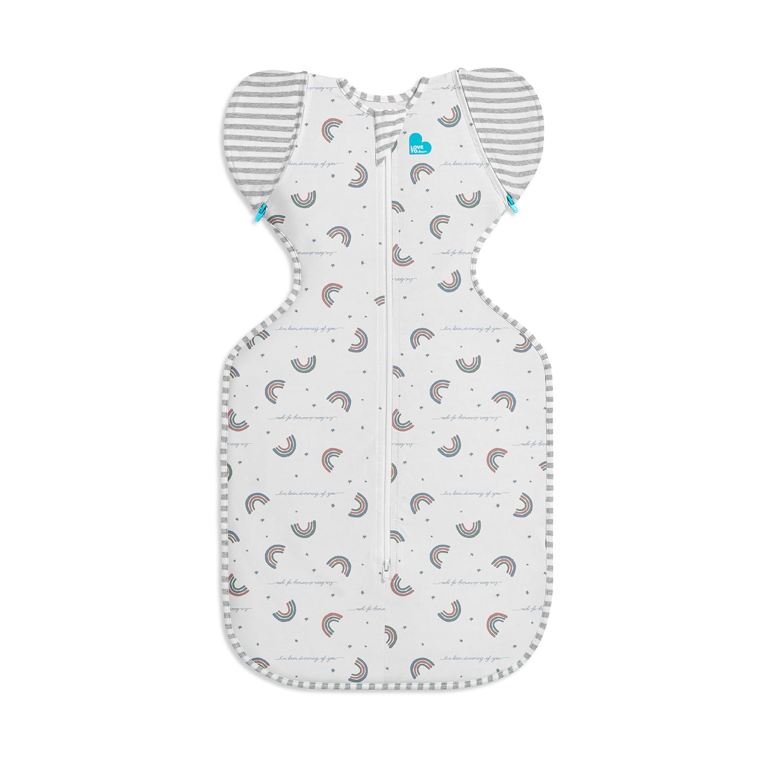 Love to Dream Swaddle Up Transition wings closed in Rainbow Dream for a snug, secure sleep.