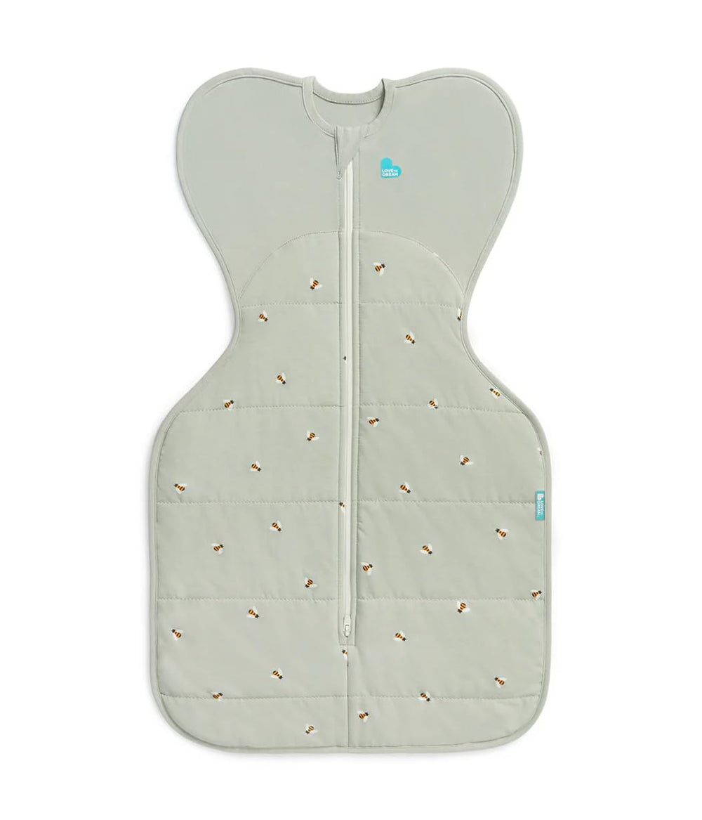 Love to Dream Swaddle Up Warm Olive Bees front view shows a cozy, secure fit.