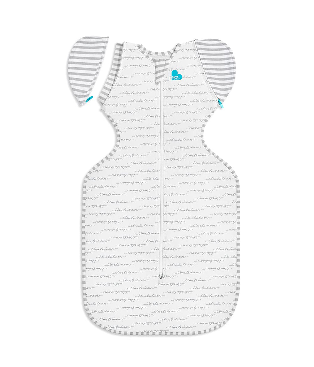 Love to Dream Transition Swaddle with zip-off wings, arms up fit for rolling transition.
