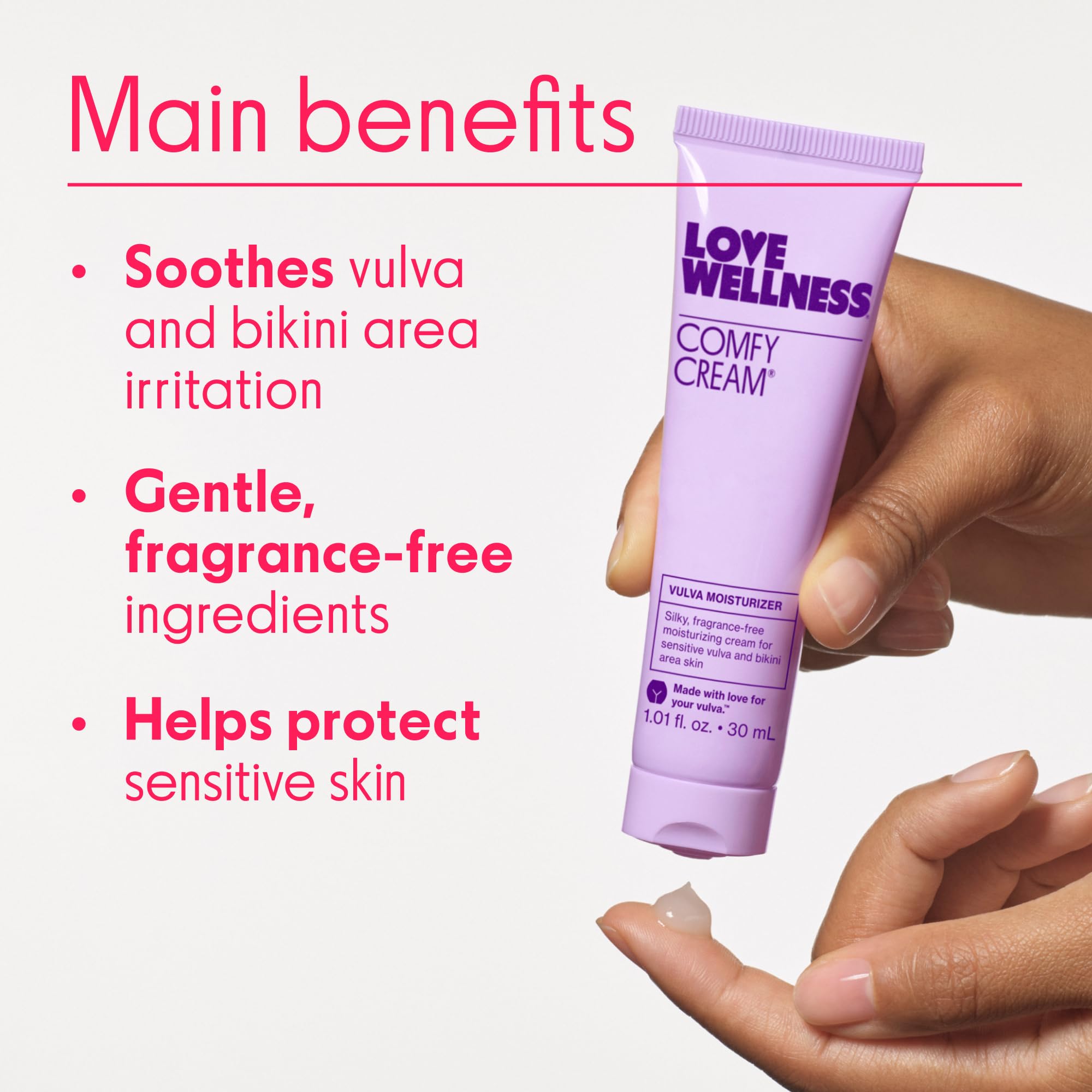 Love Wellness Comfy Cream applied to bikini-area skin to ease irritation.