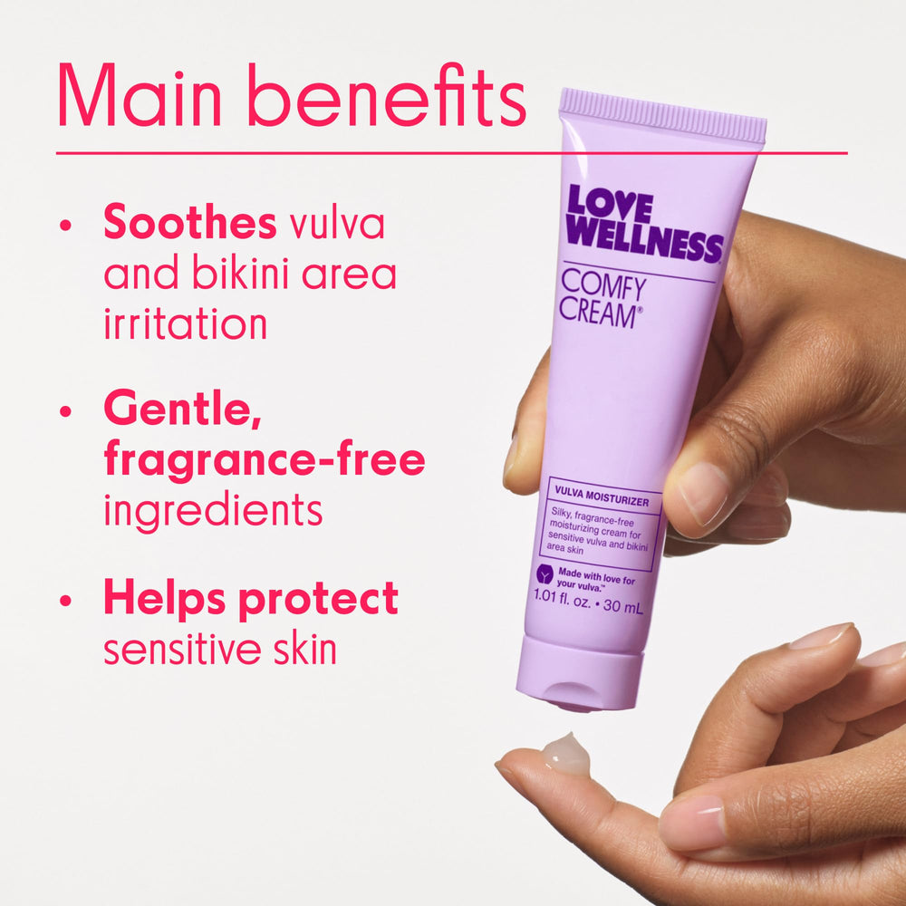 Love Wellness Comfy Cream applied to bikini-area skin to ease irritation.