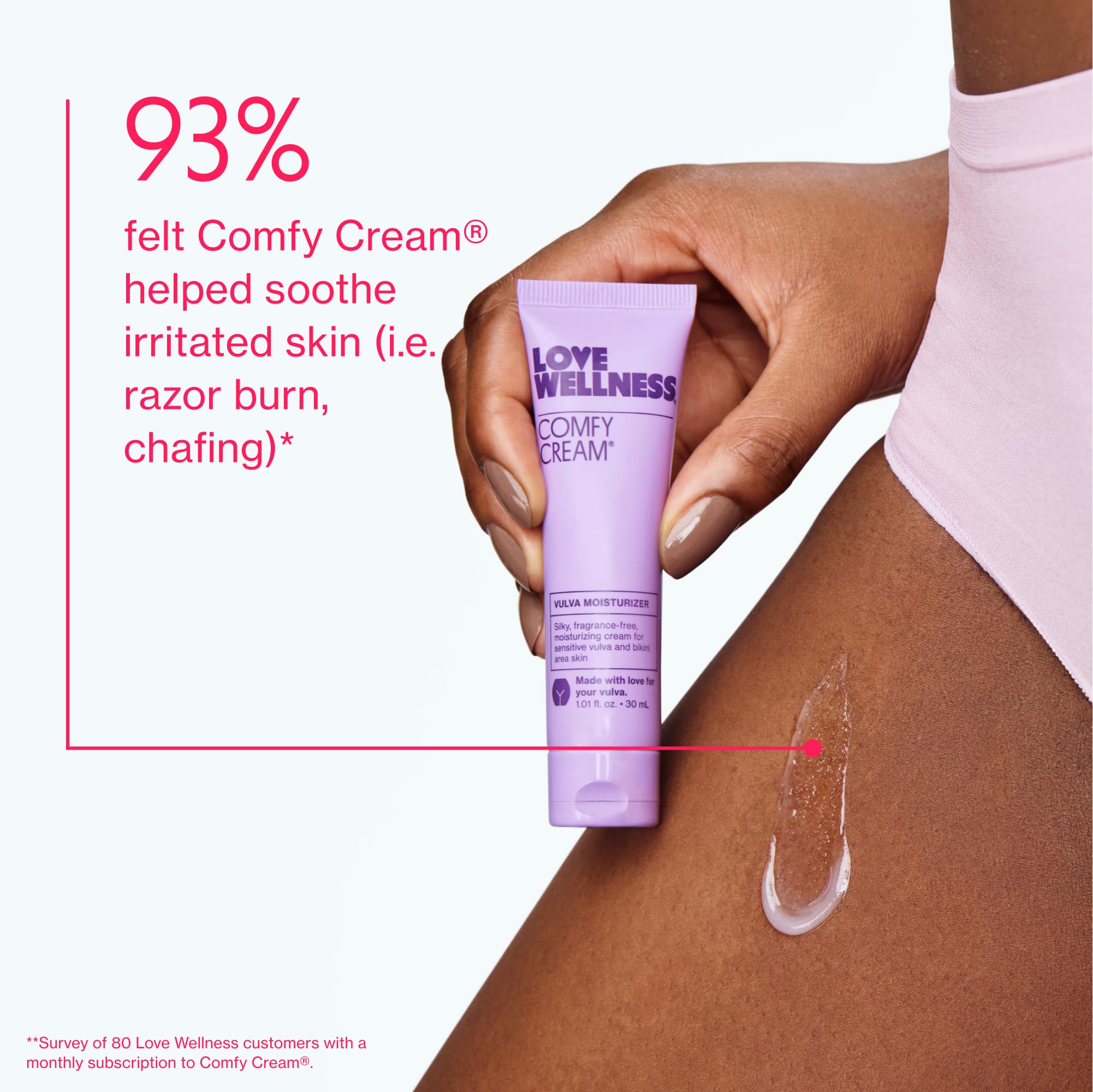 Applying Love Wellness Comfy Cream on irritated skin after shaving.