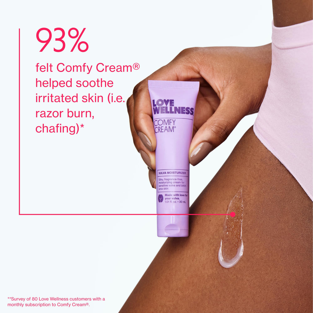 Applying Love Wellness Comfy Cream on irritated skin after shaving.