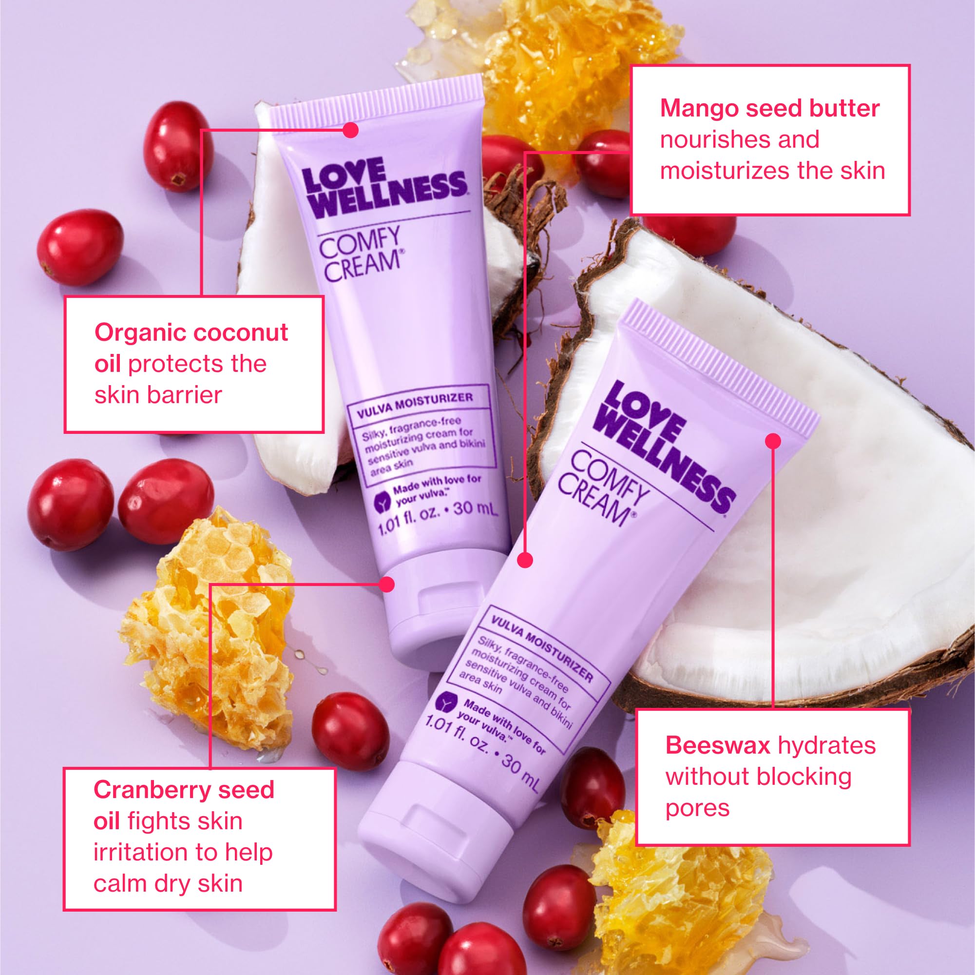 Love Wellness Comfy Cream with a focus on the lid and packaging design.
