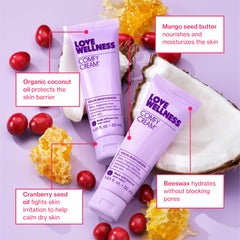 Love Wellness Comfy Cream with a focus on the lid and packaging design.