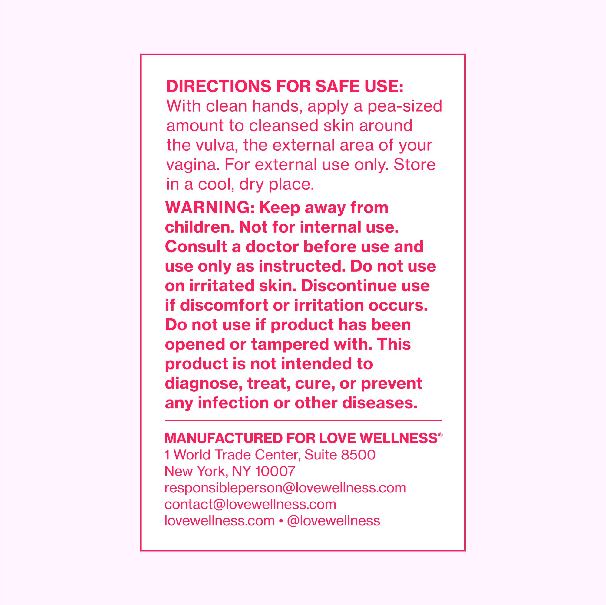 Close-up of safety testing seal and traceable ingredients for Love Wellness Comfy Cream.