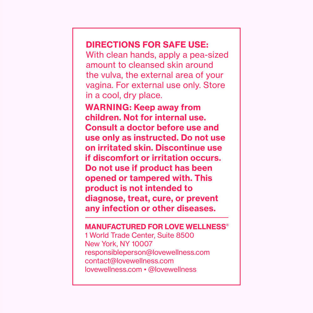 Close-up of safety testing seal and traceable ingredients for Love Wellness Comfy Cream.