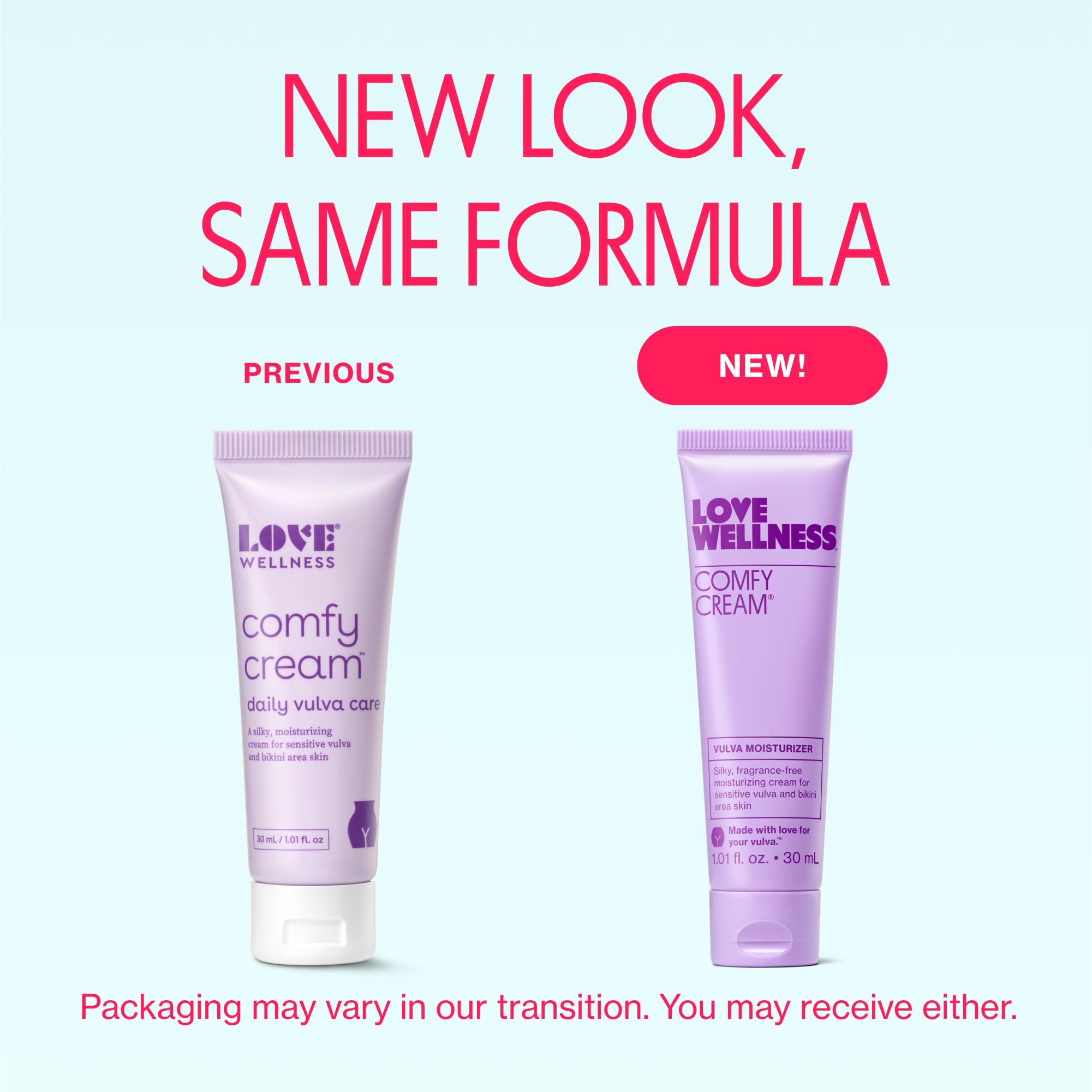 Love Wellness Comfy Cream texture close-up highlighting silky fragrance-free formula.