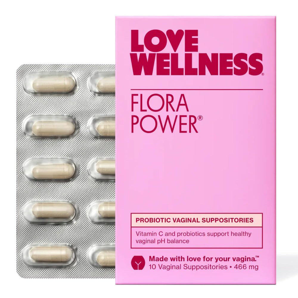Love Wellness Flora Power pack shot of fragrance-free vaginal probiotic suppositories for daily use.
