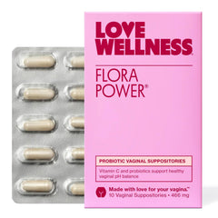 Love Wellness Flora Power pack shot of fragrance-free vaginal probiotic suppositories for daily use.