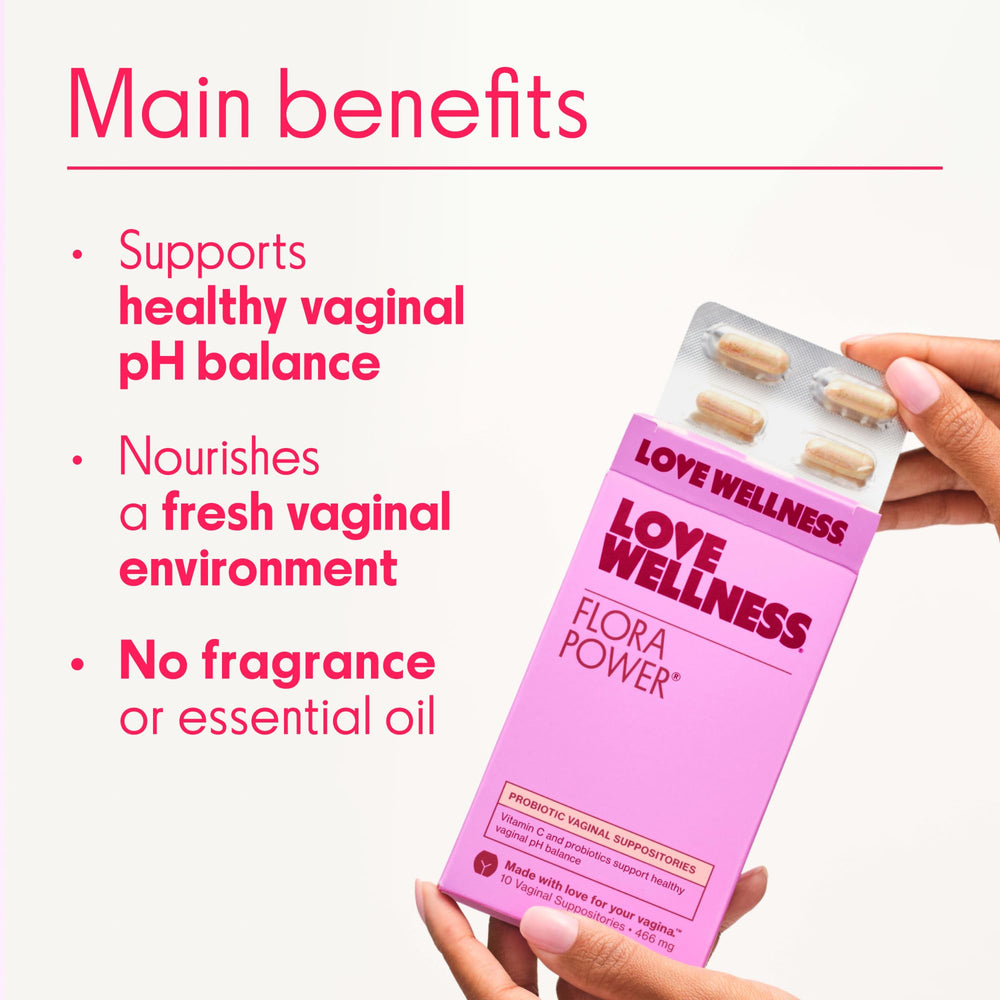 Love Wellness Flora Power suppository closeup highlights smooth texture for convenient daily insertion.