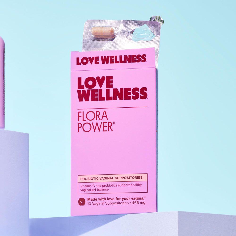 Love Wellness Flora Power use-instruction graphic explains daily insertion steps.