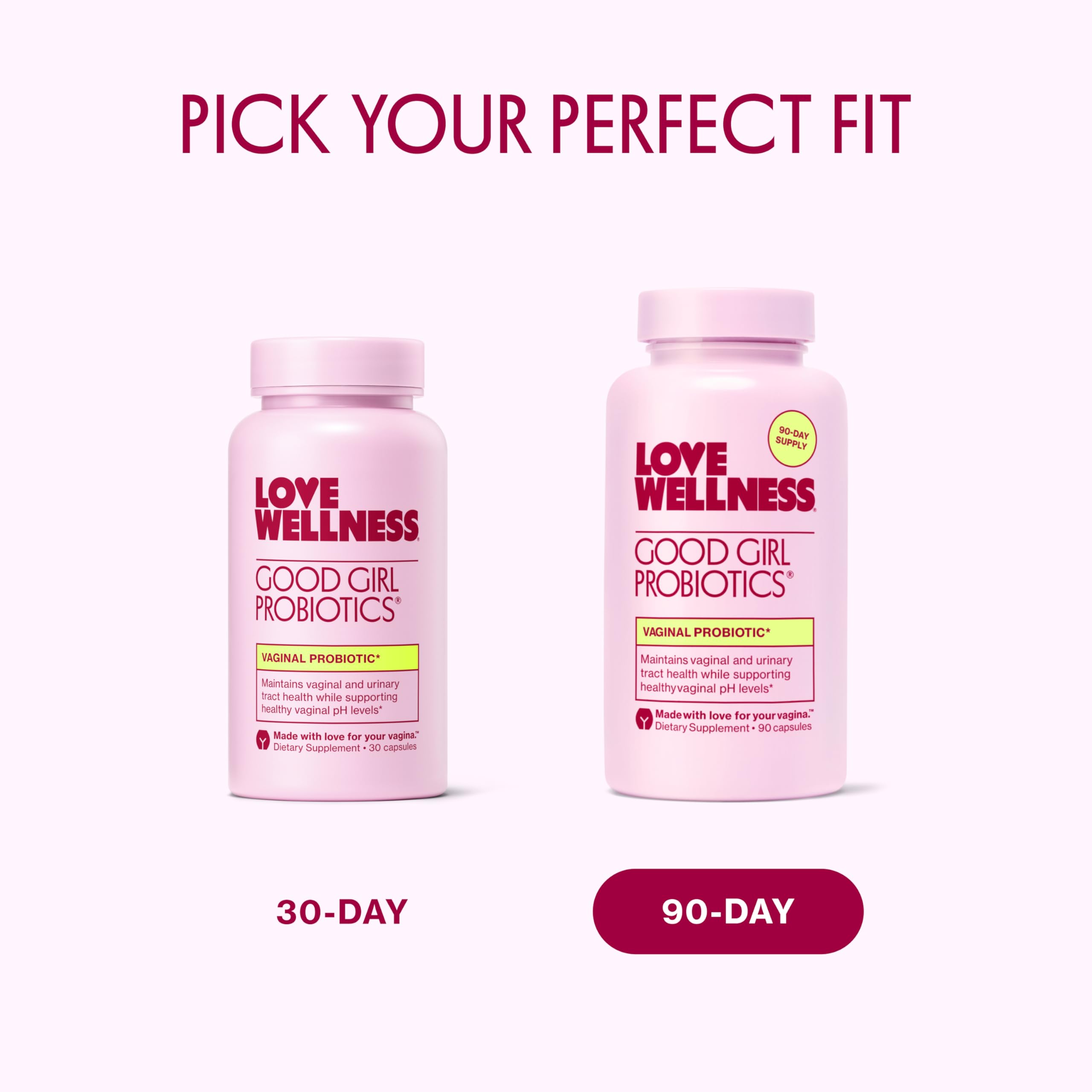 Love Wellness Good Girl Probiotics 30-day supply label visible.