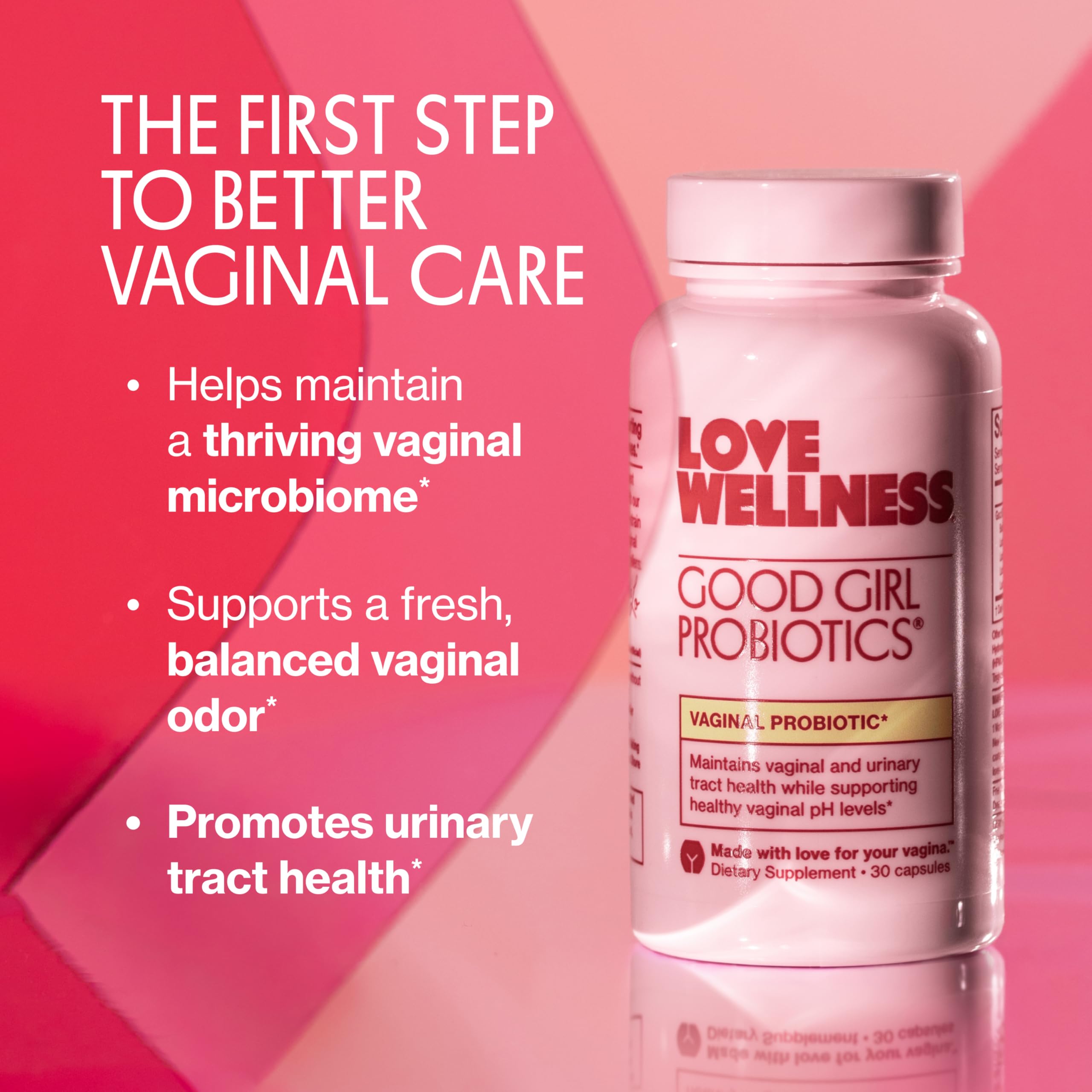Love Wellness Good Girl Probiotics bottle back lists ingredients and gluten-free formula.