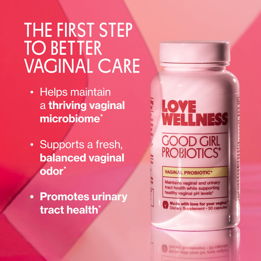 Love Wellness Good Girl Probiotics bottle back lists ingredients and gluten-free formula.