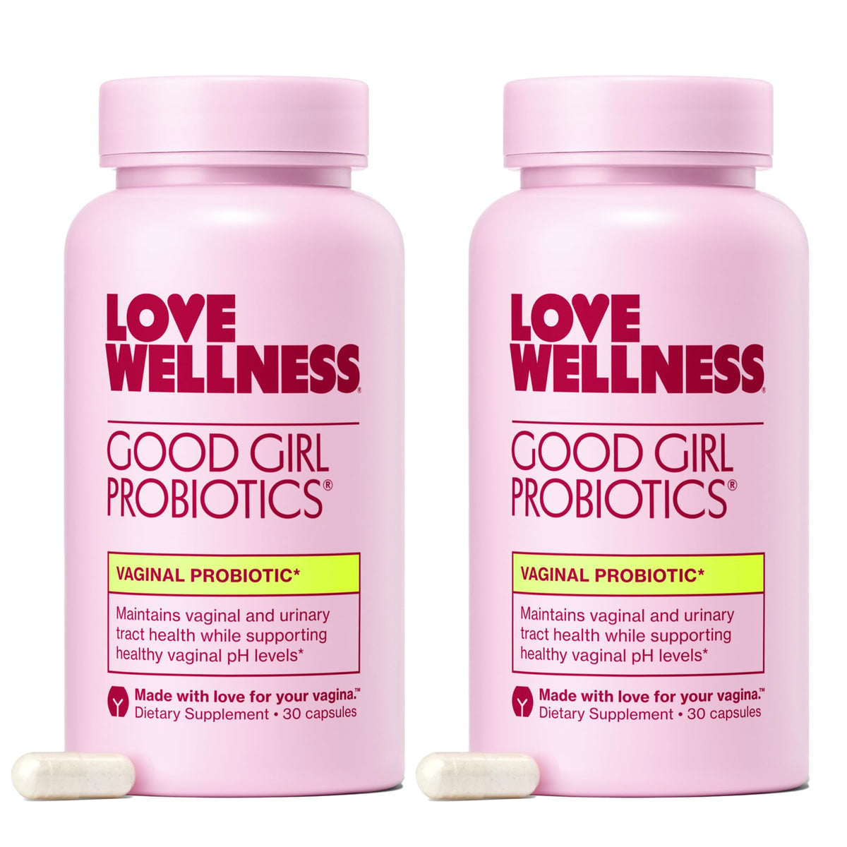Love Wellness Good Girl Probiotics bottle front promoting daily balance support