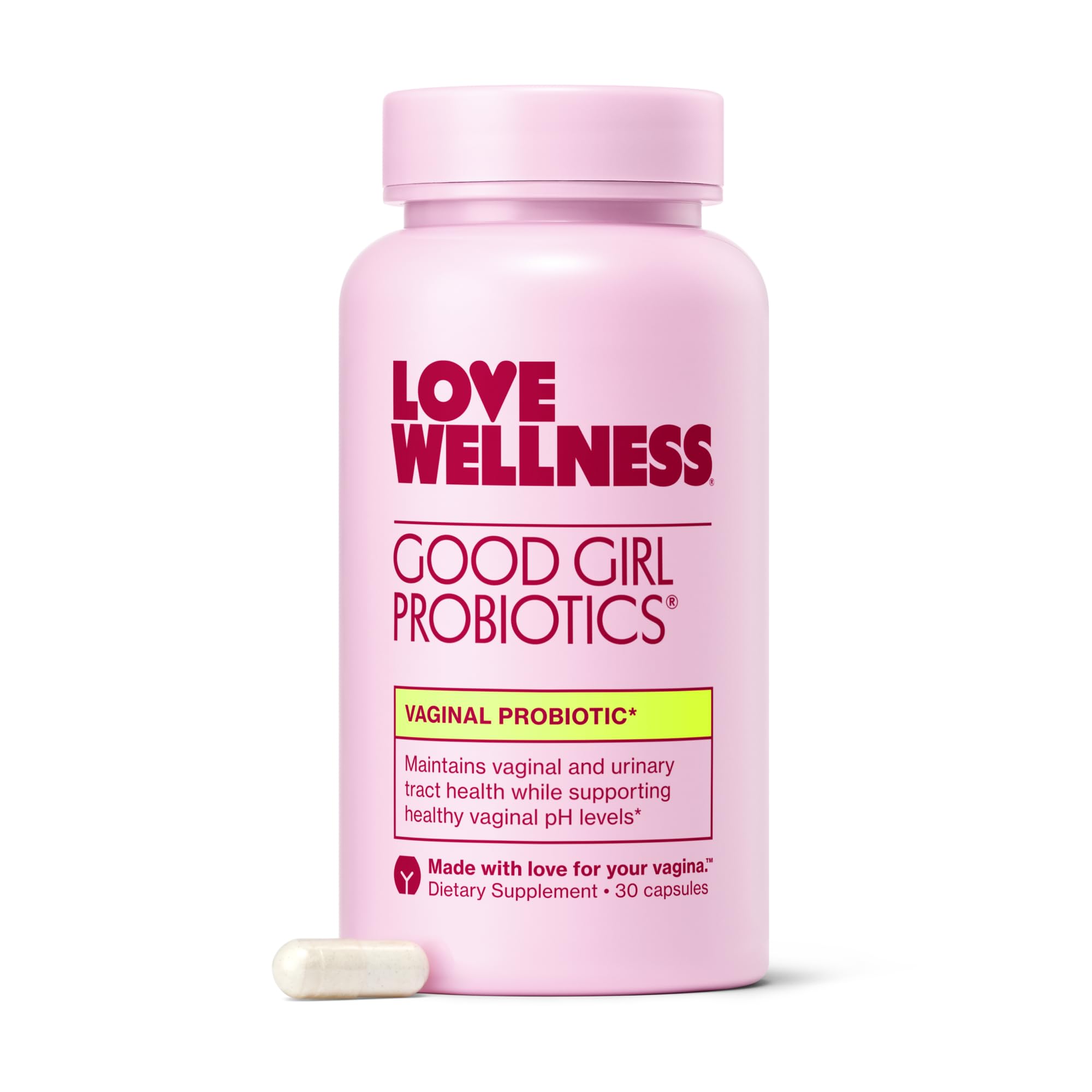 Love Wellness Good Girl Probiotics bottle front highlights 9 strains for vaginal balance.
