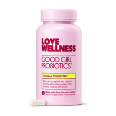 Love Wellness Good Girl Probiotics bottle front highlights 9 strains for vaginal balance.